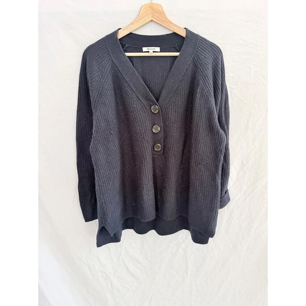 Madewell Cardigan Sweater Womens Black Merino Wool Ribbed V-Neck Large